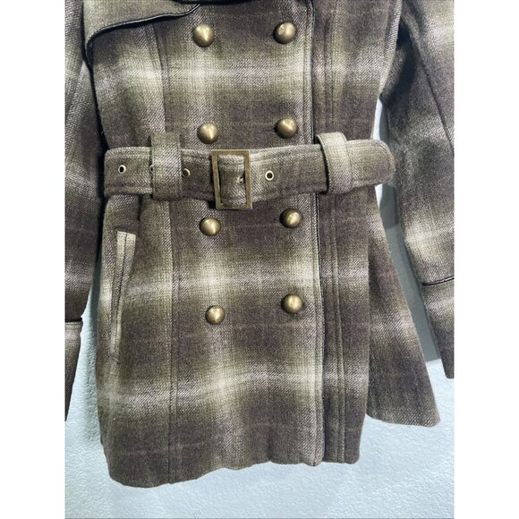 Stetson Double Breasted Pea‎ Coat Womens S Green Wool Tweed Plaid Belted Western - Picture 4 of 7